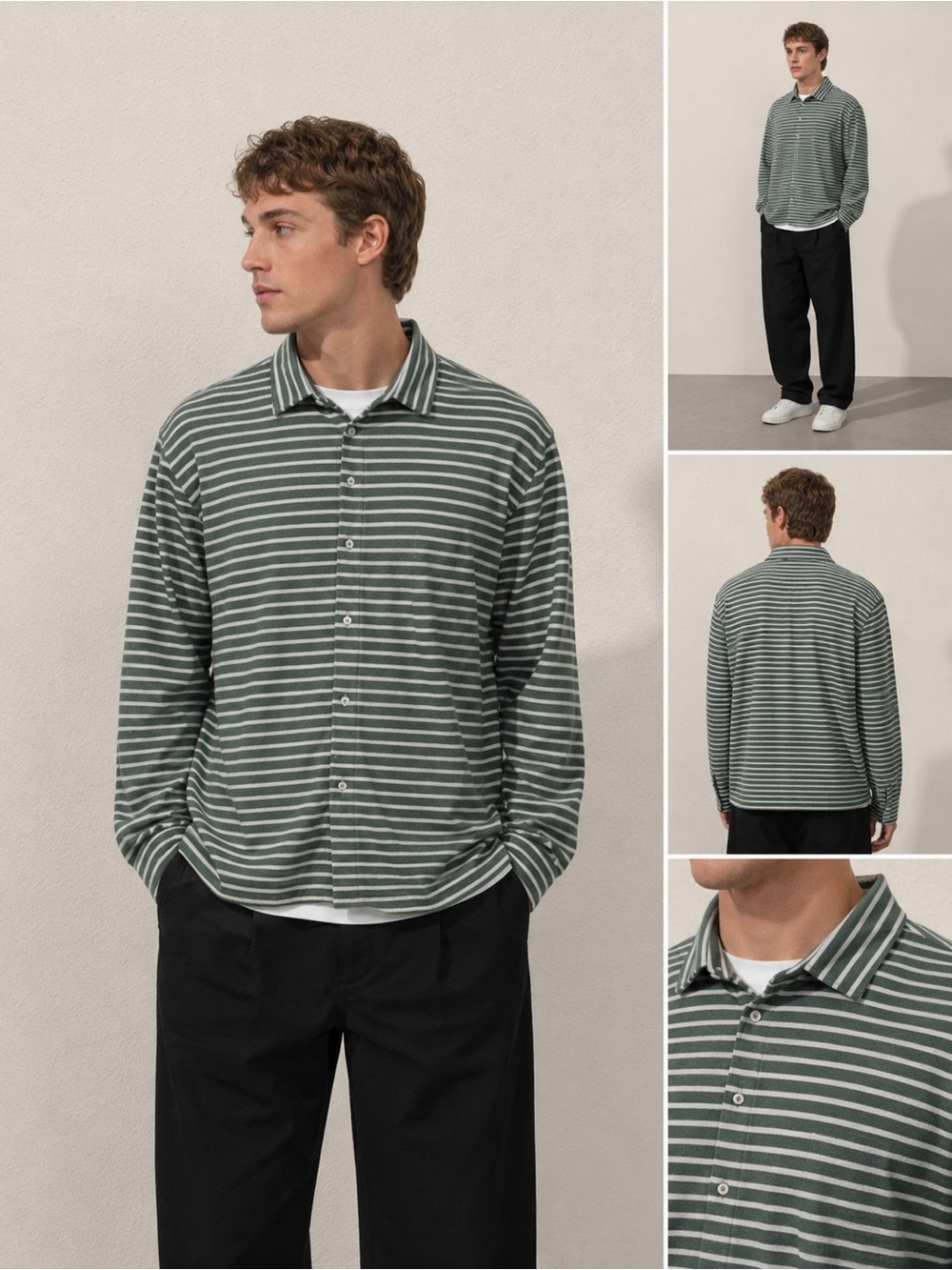 Isaia Green and White Striped Long-Sleeve Polo
